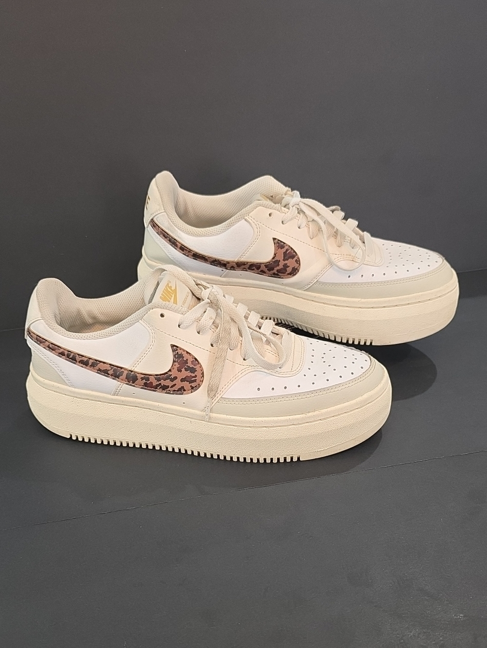 Nike Court Vision Alta Women’s Cream Sneakers with Leopard Swoosh Size 11